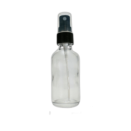 2 oz. (60 ml) Clear Boston Round Glass Bottle with Black Fine Mist Sprayer and Clear Overcap
