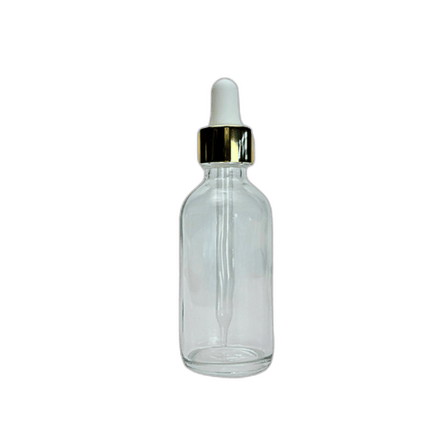 2 oz. (60 ml) Clear Boston Round Glass Bottle with White Bulb & Gold Dropper