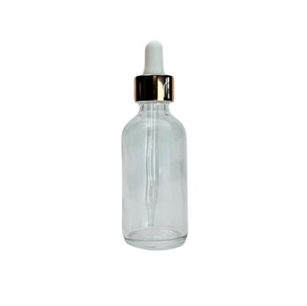 2 oz. (60 ml) Clear Boston Round Glass Bottle with White Bulb & Rose Gold Dropper
