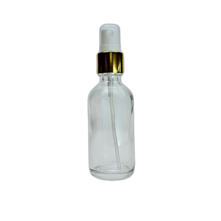 2 oz. (60 ml) Clear Boston Round Glass Bottle with White Fine Mist Sprayer, Gold Collar and Clear Overcap