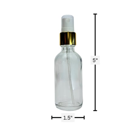 2 oz. (60 ml) Clear Boston Round Glass Bottle with White Fine Mist Sprayer, Gold Collar and Clear Overcap 