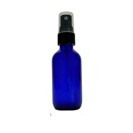 2 oz. (60 ml) Cobalt Blue Boston Round Glass Bottle with Black Fine Mist Sprayer and Clear Overcap