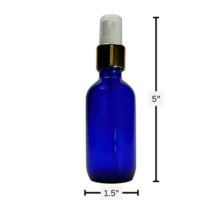 2 oz. (60 ml) Cobalt Blue Boston Round Glass Bottle with White Fine Mist Sprayer, Gold Collar and Clear Overcap