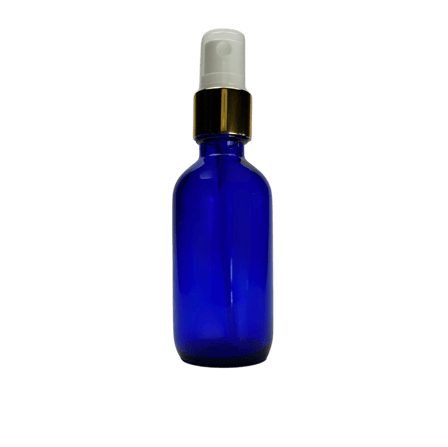 2 oz. (60 ml) Cobalt Blue Boston Round Glass Bottle with White Fine Mist Sprayer, Gold Collar and Clear Overcap