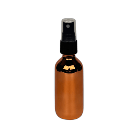 2 oz. (60 ml) Copper Boston Round Glass Bottle with Black Fine Mist Sprayer and Clear Overcap