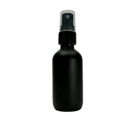 2 oz. (60 ml) Matte Black Boston Round Glass Bottle with Black Fine Mist Sprayer and Clear Overcap
