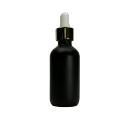2 oz. (60 ml) Matte Black Boston Round Glass Bottle with White Bulb & Gold Dropper