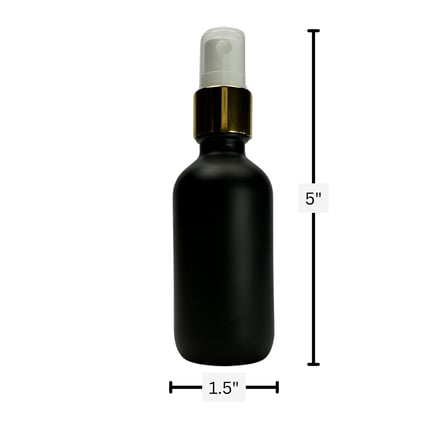 2 oz. (60 ml) Matte Black Boston Round Glass Bottle with White Fine Mist Sprayer, Gold Collar and Clear Overcap