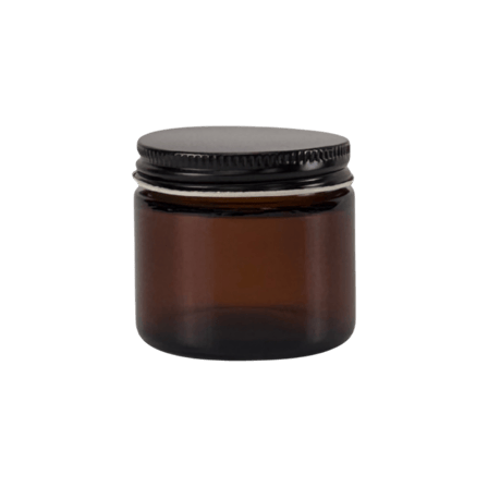 2 oz. Amber Glass 53-400 Straight Sided Round Jar with Black Metal Lid