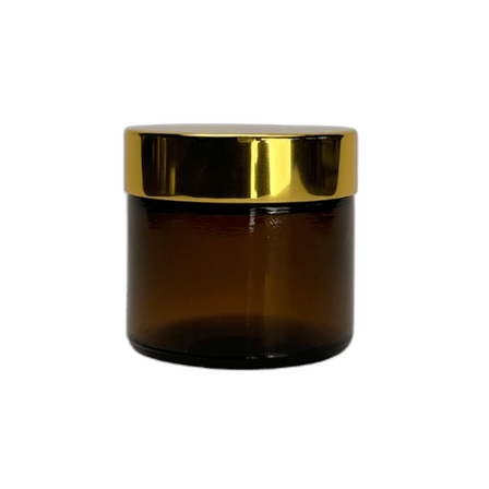 2 oz. Amber Glass 53-400 Straight Sided Round Jar with Gold Lid and Sealing Disc Liner