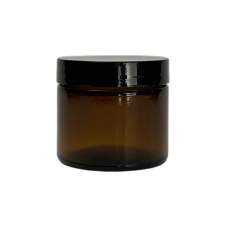 2 oz. Amber Glass 53-400 Straight Sided Round Jar with PP Black Lid and Sealing Disc Liner
