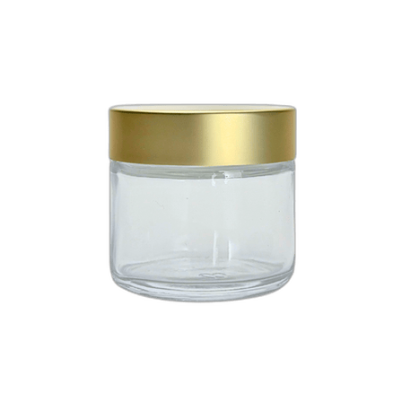 2 oz. Clear Glass 53-400 Straight Sided Jar with Brushed Gold Lid and Sealing Disc Liner