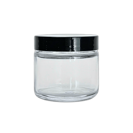 2 oz. Clear Glass 53-400 Straight Sided Round Jar with PP Black Lid and Sealing Disc Liner