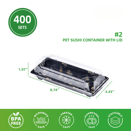#2 Long Sushi Containers with Lids 8.7"× 3.4" × 2" - (400/Case)