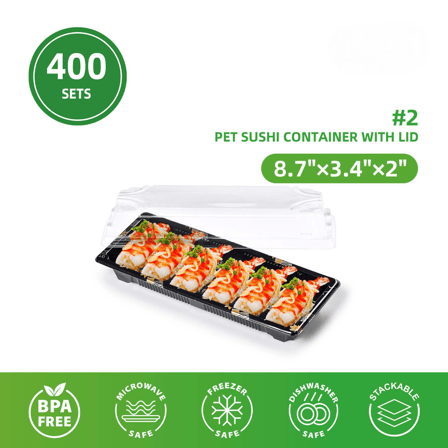 #2 Long Sushi Containers with Lids 8.7"× 3.4" × 2" - (400/Case)