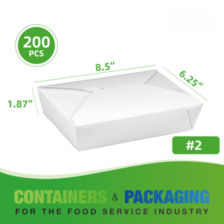 #2 White Microwavable Folded Paper Take-Out Containers 8.5" x 6.25" x 1.87" - (200/Case)