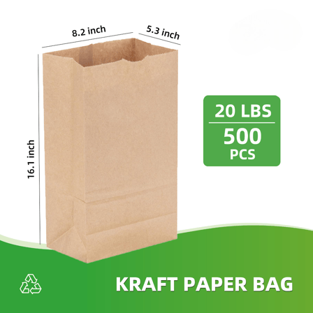 20 lb Kraft Paper Bags 8.2" x 5.3" x 16.1" - (500/Case)
