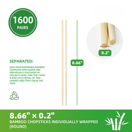 8.6" x 0.2" Paper Wrapped Round Bamboo Twin Chopsticks - (1600/Case)