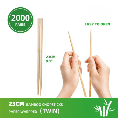 9.1" Paper Wrapped Round Bamboo Twin Chopsticks - (2000/Case)