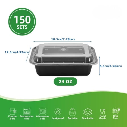 24 Ounces Black Rectangular Microwavable Plastic Food Container with Lid Showing with Dimensions.jpg