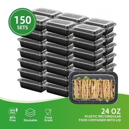 Case of 24 Ounces Black Rectangular Microwavable Plastic Food Containers with Lids.jpg