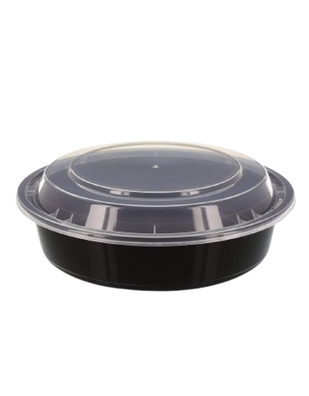 24 oz round black container with a clear lid, perfect for microwaving