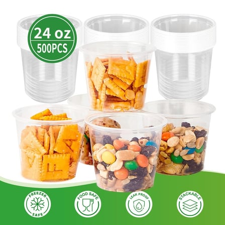24 Ounces clear deli containers with lids, shown with fresh food and 500-piece packaging..jpg