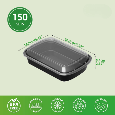 24 oz Black Rectangular Microwavable Heavy Weight Plastic Food Containers with Lids - (150/Case)