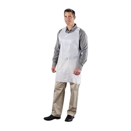 Person wearing a 24 by 42 Inches White Poly Apron standing against a plain background.jpg