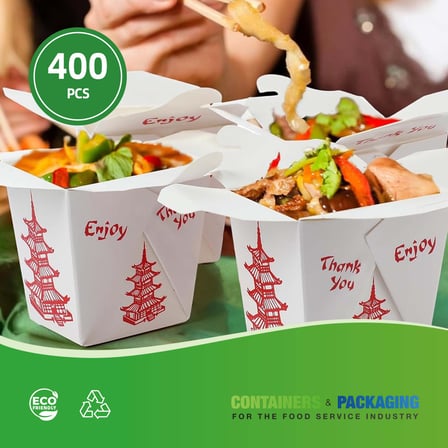 26 oz. Pagoda Print White Chinese Microwavable Paper Take Out Containers - (400/Case)