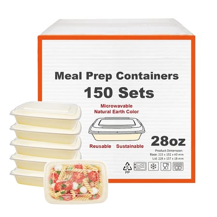 28 oz Beige Microwavable Rectangular PP Plastic Food Container with Clear Lid - (150/Case) - Thumbnail 1