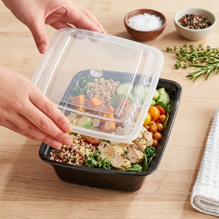 28 Ounce Black Rectangular Microwavable Container With Food and Lid.jpg