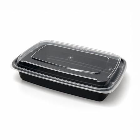 28 oz Black Microwavable Rectangular PP Plastic Food Container with Clear Lid - (150/Case) - Image 1 of 1