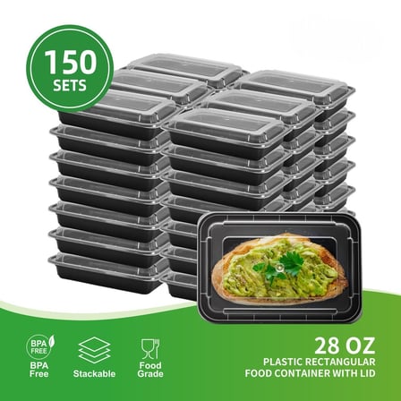 Case of 28 Ounces Black Rectangular Microwavable Plastic Food Containers with Lids.jpg