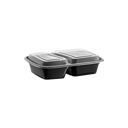 28 oz. Black 2-Compartment Rectangular Microwavable Heavy Weight Plastic Food Containers with Lids - (150/Case)
