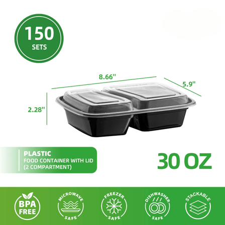 28 oz. Black 2-Compartment Rectangular Microwavable Heavy Weight Plastic Food Containers with Lids - (150/Case)