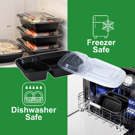 28 oz. Black 2-Compartment Rectangular Microwavable Heavy Weight Plastic Food Containers with Lids - (150/Case)