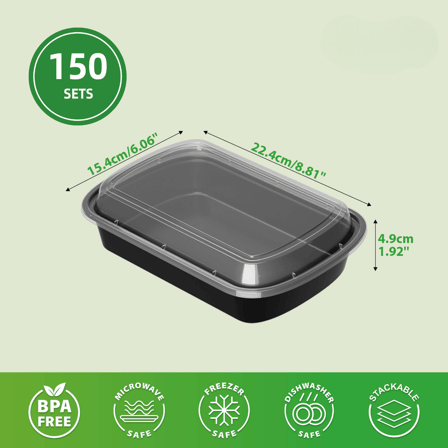 28 oz. Black Rectangular Microwavable Heavy Weight Plastic Food Containers with Lids - (150/Case)