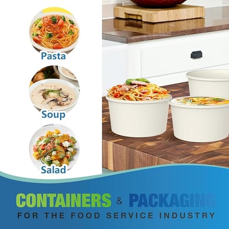 28 oz. White paper food containers filled with pasta, soup, and salad.jpg