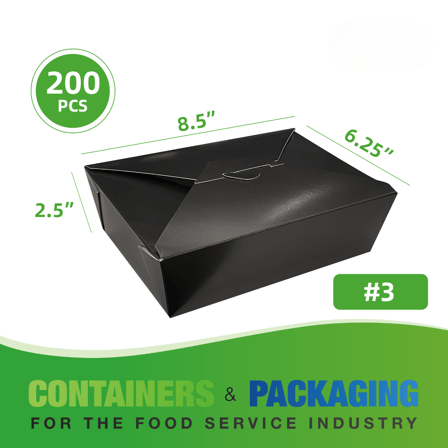 #3 Black Microwavable Folded Paper Take-Out Containers 8.5" x 6.25" x 2.5" - (200/Case)