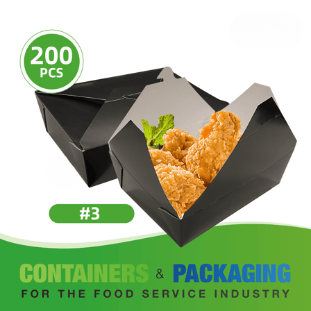 #3 Black Microwavable Folded Paper Take-Out Containers 8.5" x 6.25" x 2.5" - (200/Case)