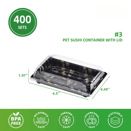#3 Medium Sushi Containers with Lids 6.5" × 4.5" × 2" - (400/Case)