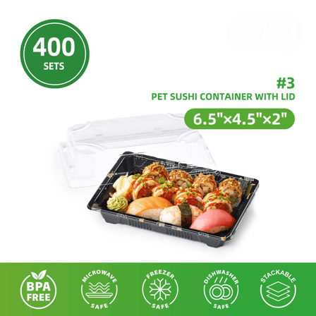 #3 Medium Sushi Containers with Lids 6.5" × 4.5" × 2" - (400/Case)