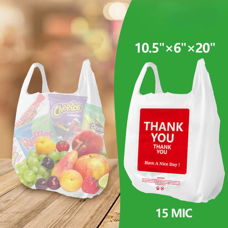 #3 White Plastic T-Shirt Bag 15 Mic "Thank You" Print 10.5"× 6"× 20" - (1000/Case)