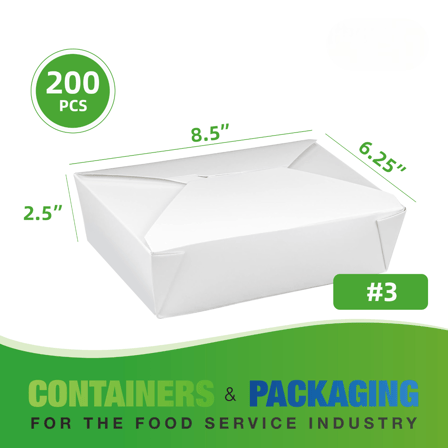 #3 White Microwavable Folded Paper Take-Out Containers 8.5" x 6.25" x 2.5" - (200/Case)