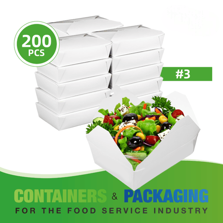 #3 White Microwavable Folded Paper Take-Out Containers 8.5" x 6.25" x 2.5" - (200/Case)