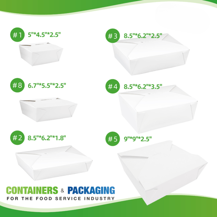 #3 White Microwavable Folded Paper Take-Out Containers 8.5" x 6.25" x 2.5" - (200/Case)
