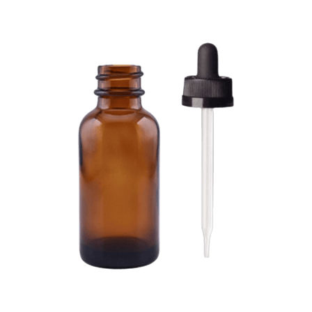 30 ml (1 oz) Amber Boston Round Glass Bottle with 20-400 Black CRC Dropper – Straight Tip Glass Pipette