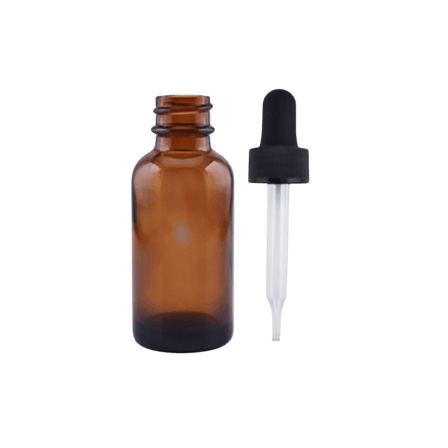 30 ml (1 oz) Amber Boston Round Glass Bottle with 20-400 Black Non-CRC Dropper – Straight Tip Glass Pipette