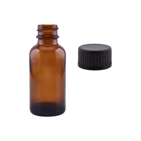 30 ml (1 oz) Amber Boston Round Glass Bottle with 20-400 Black Polypropylene Polycone lined Cap